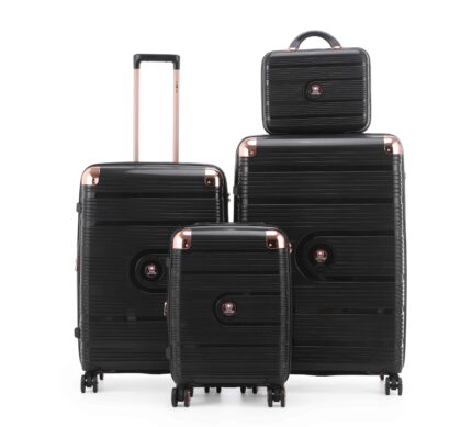 סט מזוודות קשיחות בלתי שבירות יוקרתי 3 יח' 31/27/19  Swiss Voyager Amsterdam בצבע שחור כולל תיק איפור מתנה