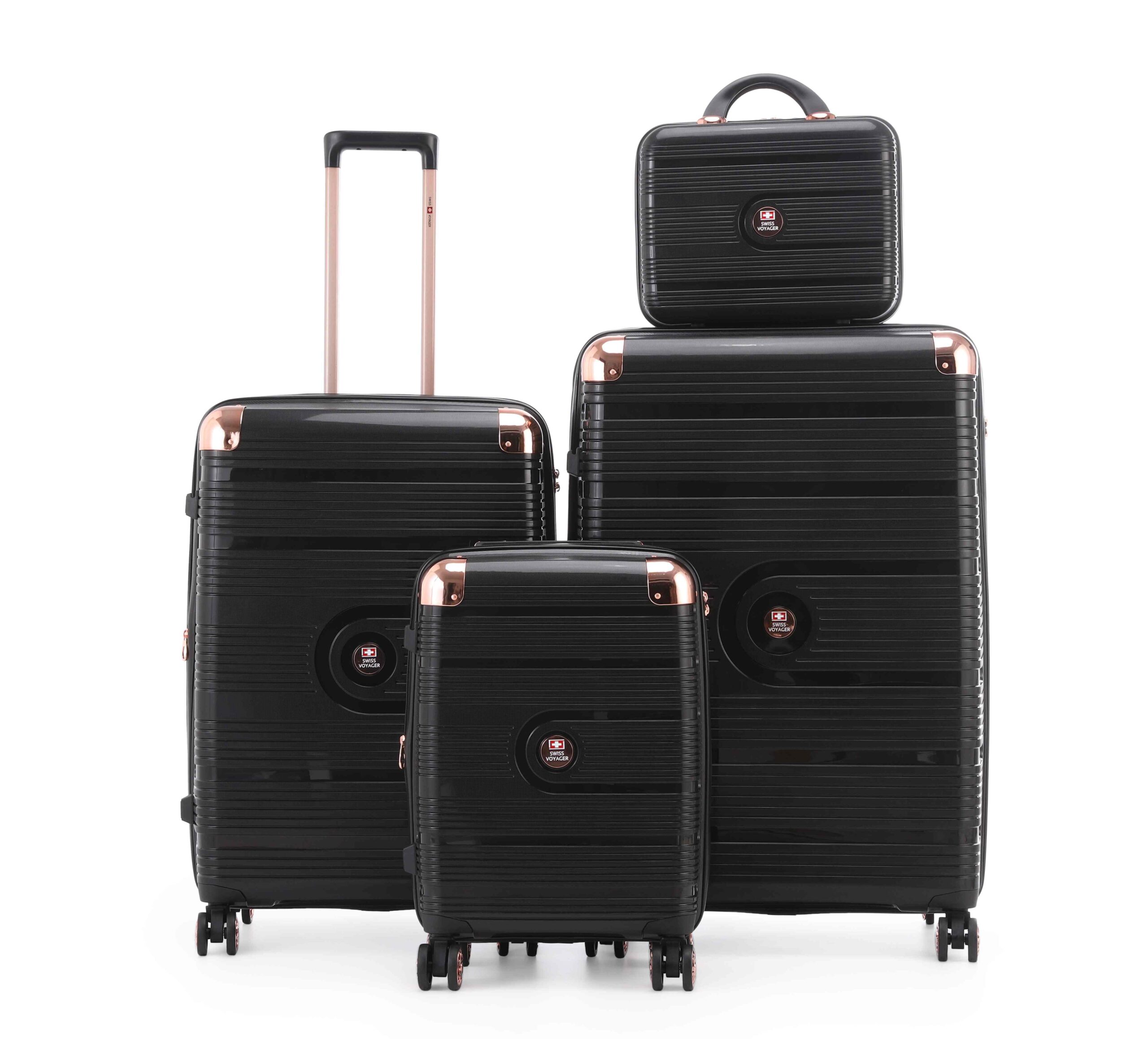 AmsterPP4Black_14072024160331.jpg סט מזוודות קשיחות בלתי שבירות יוקרתי 3 יח' 31/27/19 Swiss Voyager Amsterdam בצבע שחור כולל תיק איפור מתנה – תמונה 1