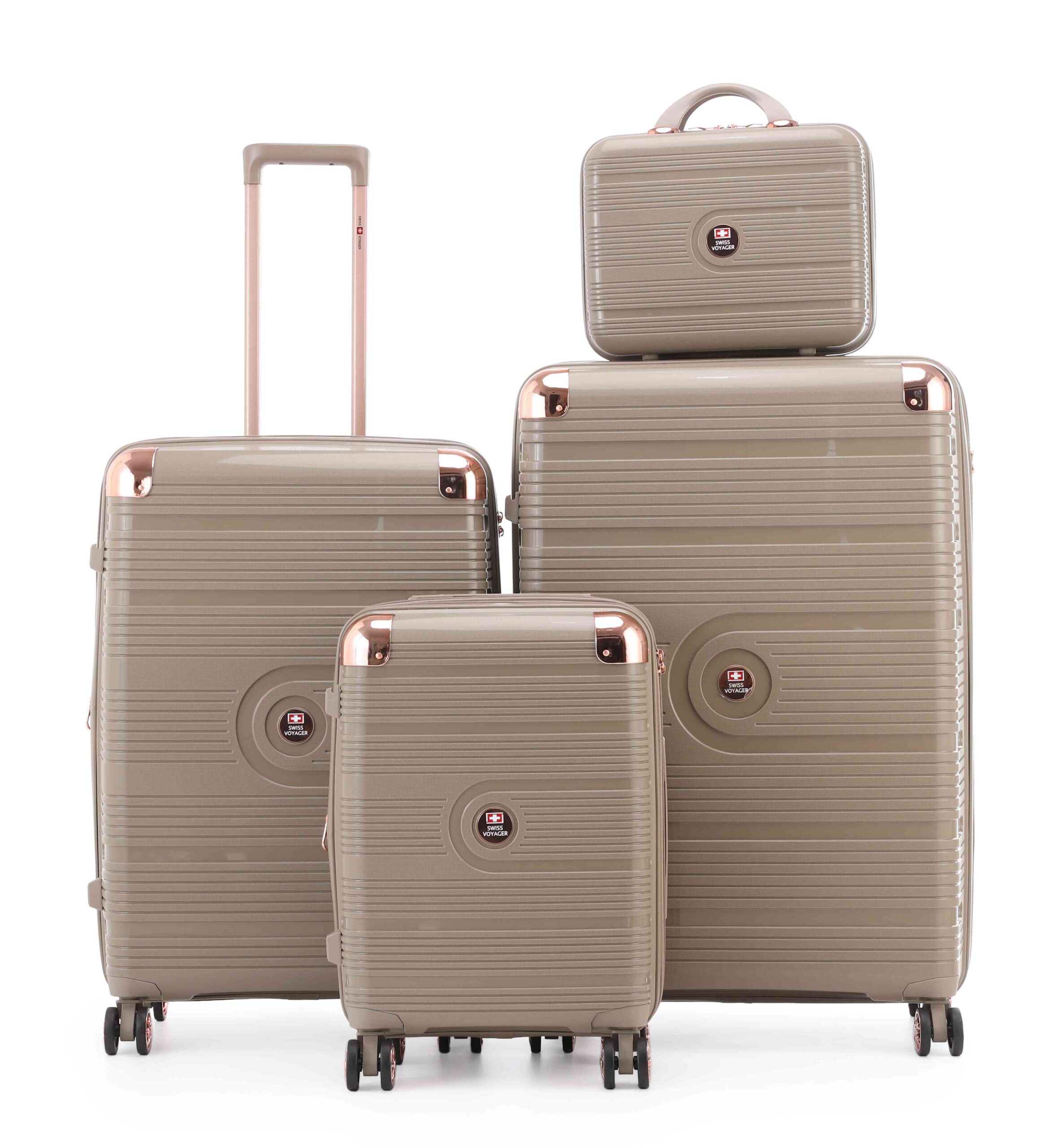 AmsterPP4Champ_25062024180928.jpg סט מזוודות קשיחות בלתי שבירות יוקרתי 3 יח' 31/27/19 Swiss Voyager Amsterdam בצבע שמפנייה כולל תיק איפור מתנה – תמונה 1
