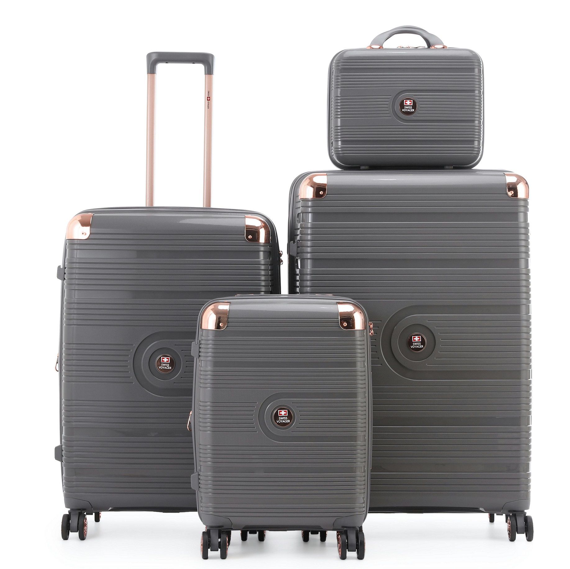 AmsterPP4Grey_25062024181933.jpg סט מזוודות קשיחות בלתי שבירות יוקרתי 3 יח' 31/27/19 Swiss Voyager Amsterdam בצבע אפור כולל תיק איפור מתנה – תמונה 1