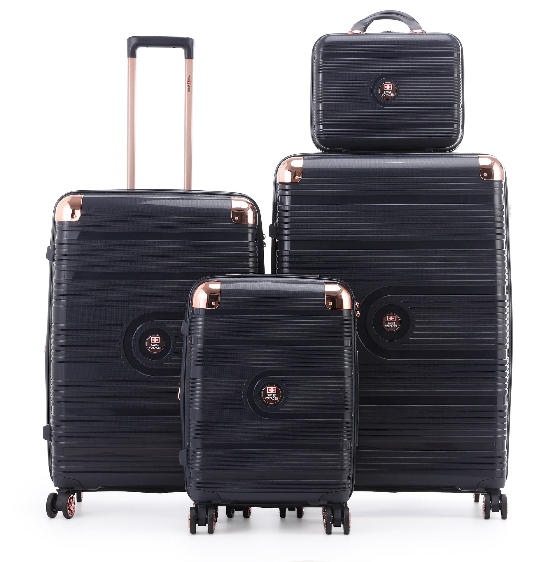 AmsterPP4Navy_25062024182229.jpg סט מזוודות קשיחות בלתי שבירות יוקרתי 3 יח' 31/27/19 Swiss Voyager Amsterdam בצבע נייבי כולל תיק איפור מתנה – תמונה 1