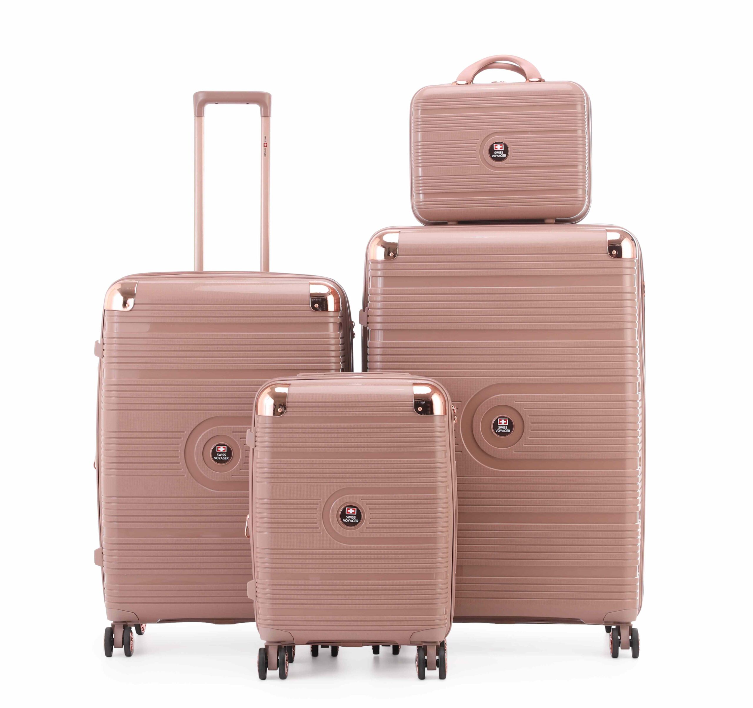 AmsterPP4Rose_25062024182345.jpg סט מזוודות קשיחות בלתי שבירות יוקרתי 3 יח' 31/27/19 Swiss Voyager Amsterdam בצבע רוז גולד כולל תיק איפור מתנה – תמונה 1
