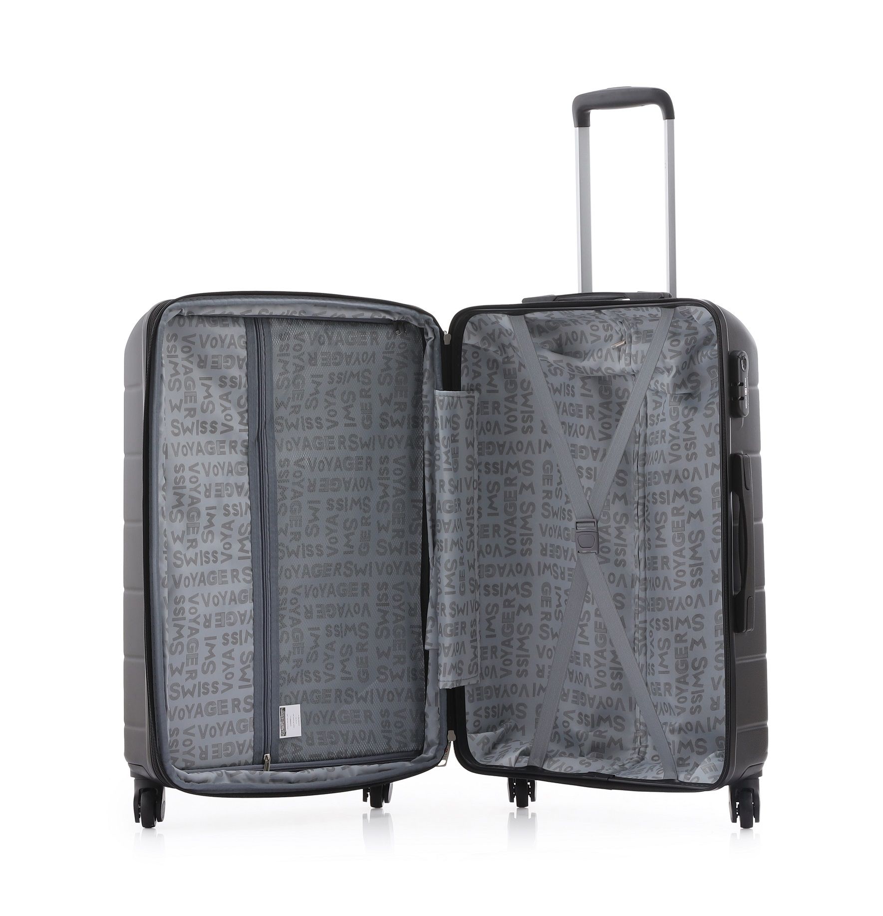 פנים מזוודת Swiss Voyager Atlanta עם רצועות הצלבה להידוק התכולה ותא רשת פנימי לחלוקת המטען