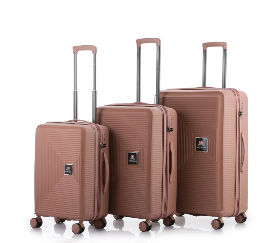 סט שלוש מזוודות Swiss Boston קשיחות בגוון רוז עם גלגלי ספינר 360 מעלות, ידית טרולי טלסקופית ותיק איפור תואם במתנה