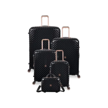 סט 5 מזוודות יוקרה בלתי שבירות Glitzy מבית IT Luggage - חלקים בגדלים 32″ / 28″ / 24″ / 20″ + תיק איפור תואם צבע רוז גולד מטאלי