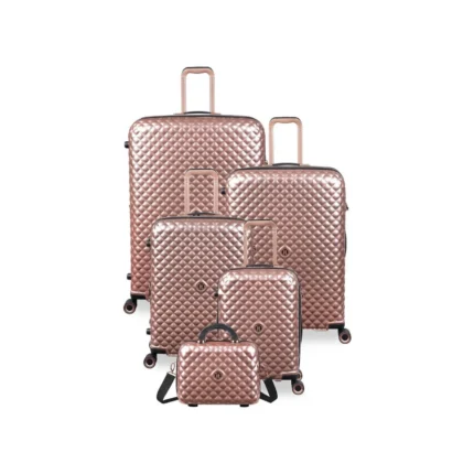 סט 5 מזוודות יוקרה בלתי שבירות Glitzy מבית IT Luggage - חלקים בגדלים 32″ / 28″ / 24″ / 20″ + תיק איפור תואם צבע רוז
